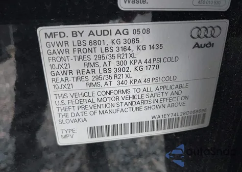 2008 Audi Q7 3.6 Premium z USA, uszkodzony, nr VIN WA1EY74L28D068696